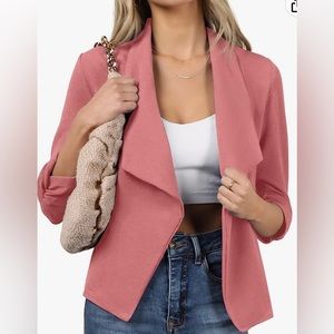 Doublju Casual Work Rouched 3/4 Sleeve Blazer, light pink, size small